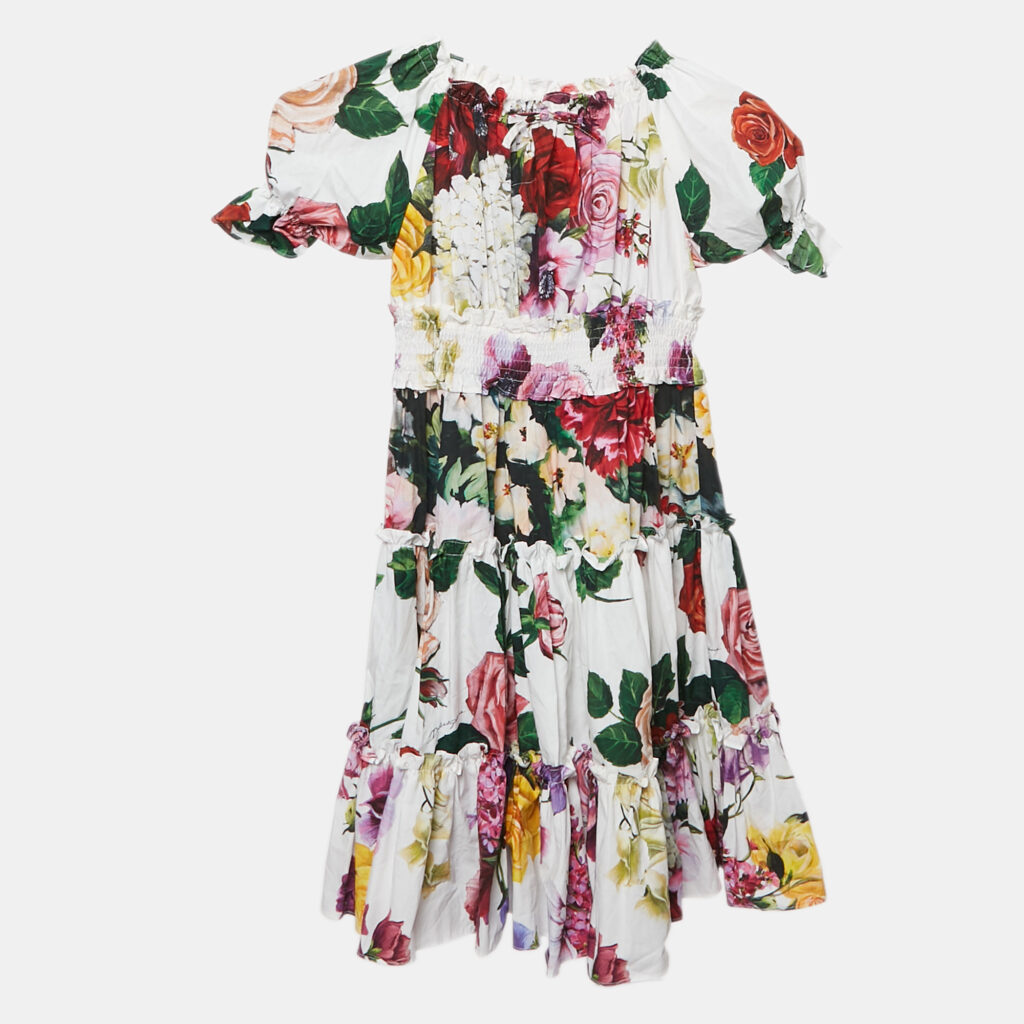 luxury-kids-dolcegabbana-new-girls-p1128882-002 Dolce & Gabbana Kids Multicolor Floral Print Poplin Shirring Detail Dress 7/8 Yrs