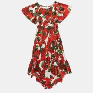 Dolce & Gabbana Kids Red Floral Print Cotton Tiered Dress and Shorts Set 24-30 M
