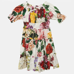 Dolce & Gabbana Kids White Floral Print Cotton Tiered Dress 3 Yrs