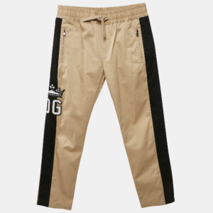 Dolce & Gabbana Kids Beige/Black Logo Applique Gabardine Trousers 7/8 Yrs
