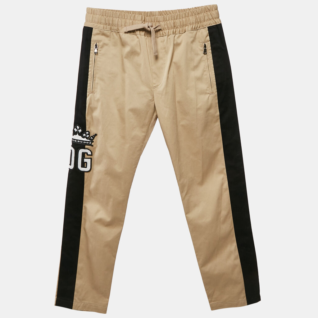 Dolce & Gabbana Kids Beige/Black Logo Applique Gabardine Trousers 7/8 Yrs