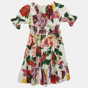 Dolce & Gabbana Kids White Floral Print Cotton Tiered Dress 4 Yrs