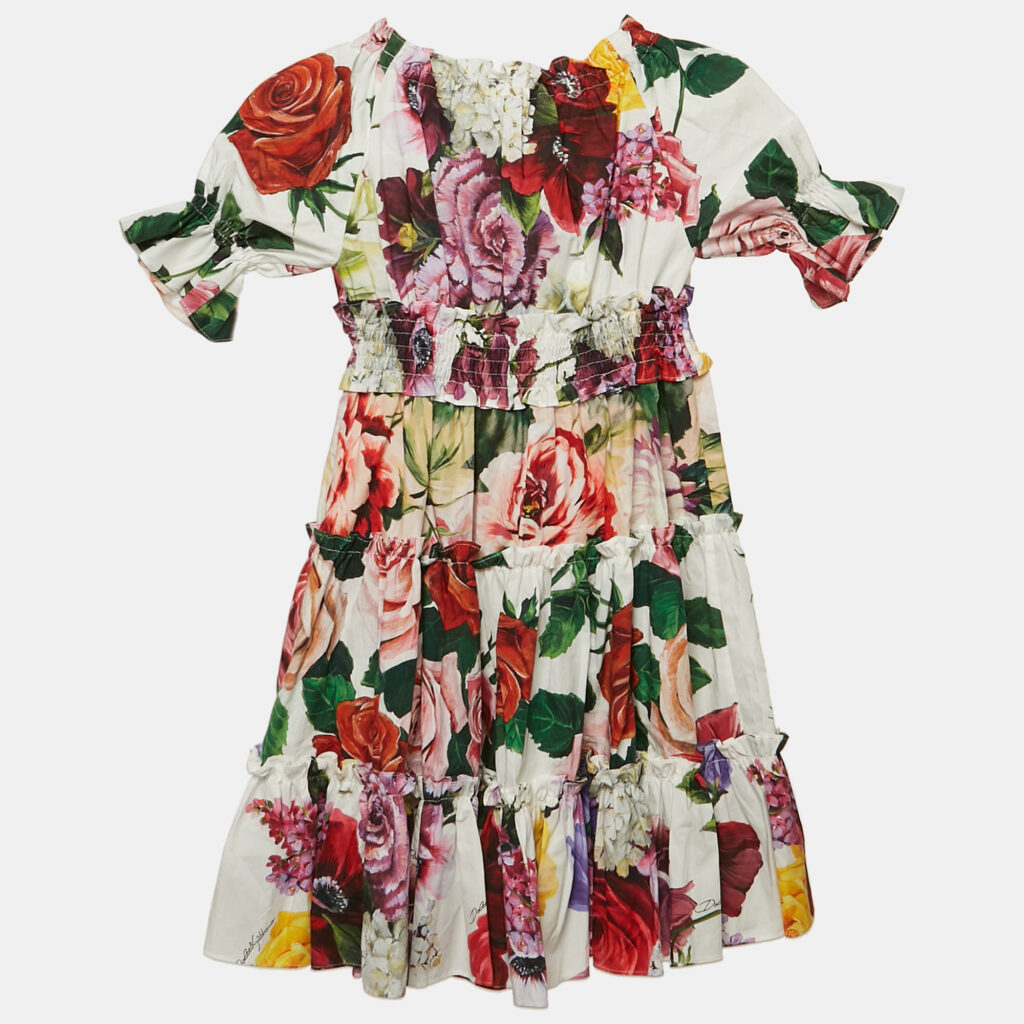 Dolce & Gabbana Kids White Floral Print Cotton Tiered Dress 4 Yrs
