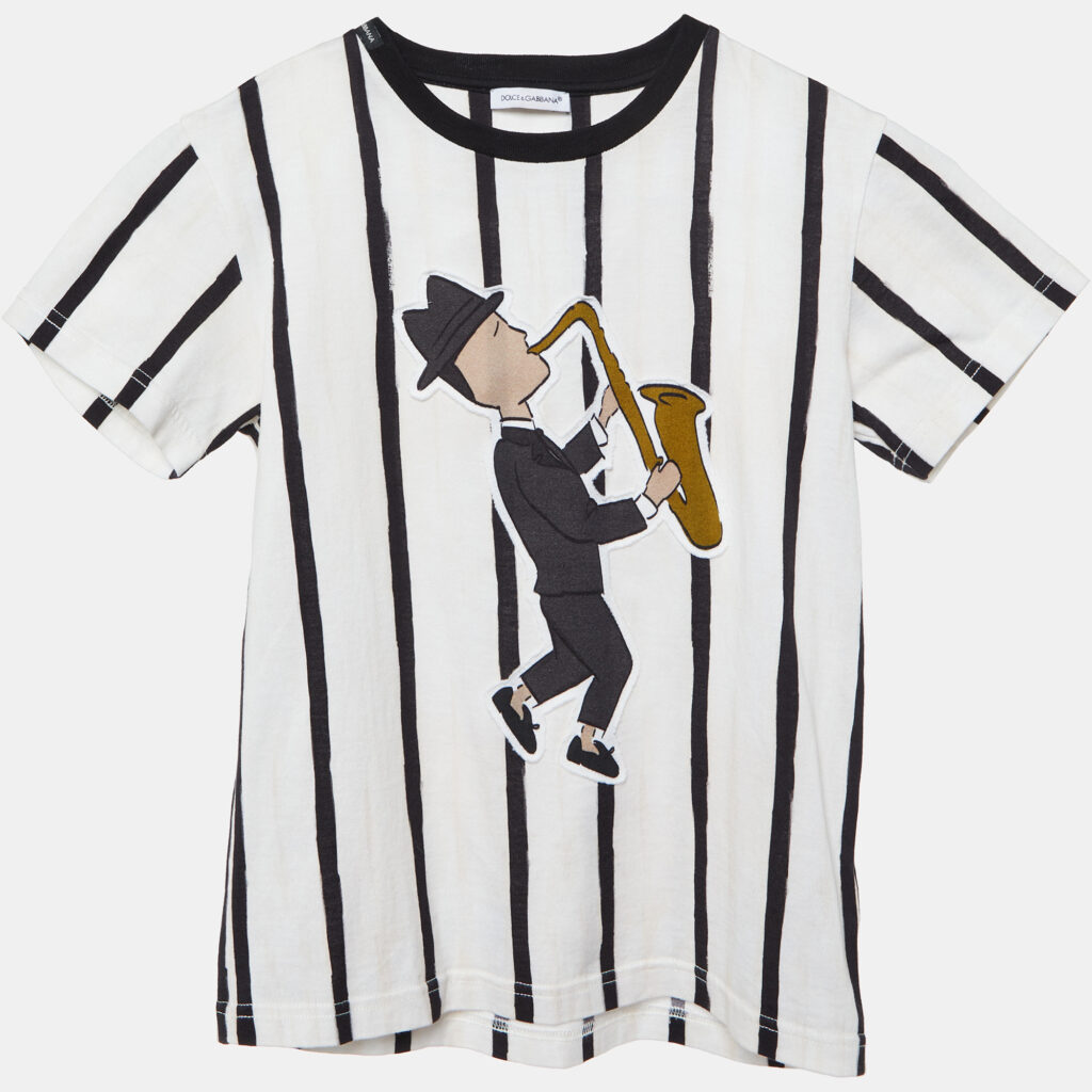 luxury-kids-dolcegabbana-used-boys-p1092306-007 Dolce & Gabbana Kids Ivory Saxophonist Patch Striped Cotton T-Shirt 6Yrs
