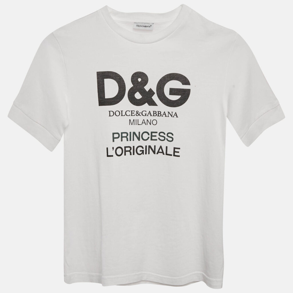 luxury-kids-dolcegabbana-used-girls-p1136921-005 Dolce & Gabbana Kids White Logo Print Cotton Crew Neck T-Shirt 4 Yrs