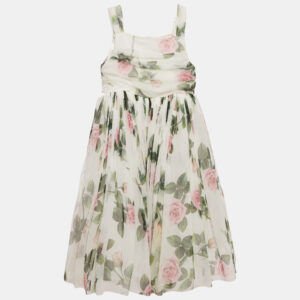 Dolce & Gabbana Kids White Tropical Rose Print Tulle Midi Dress 11/12 Yrs