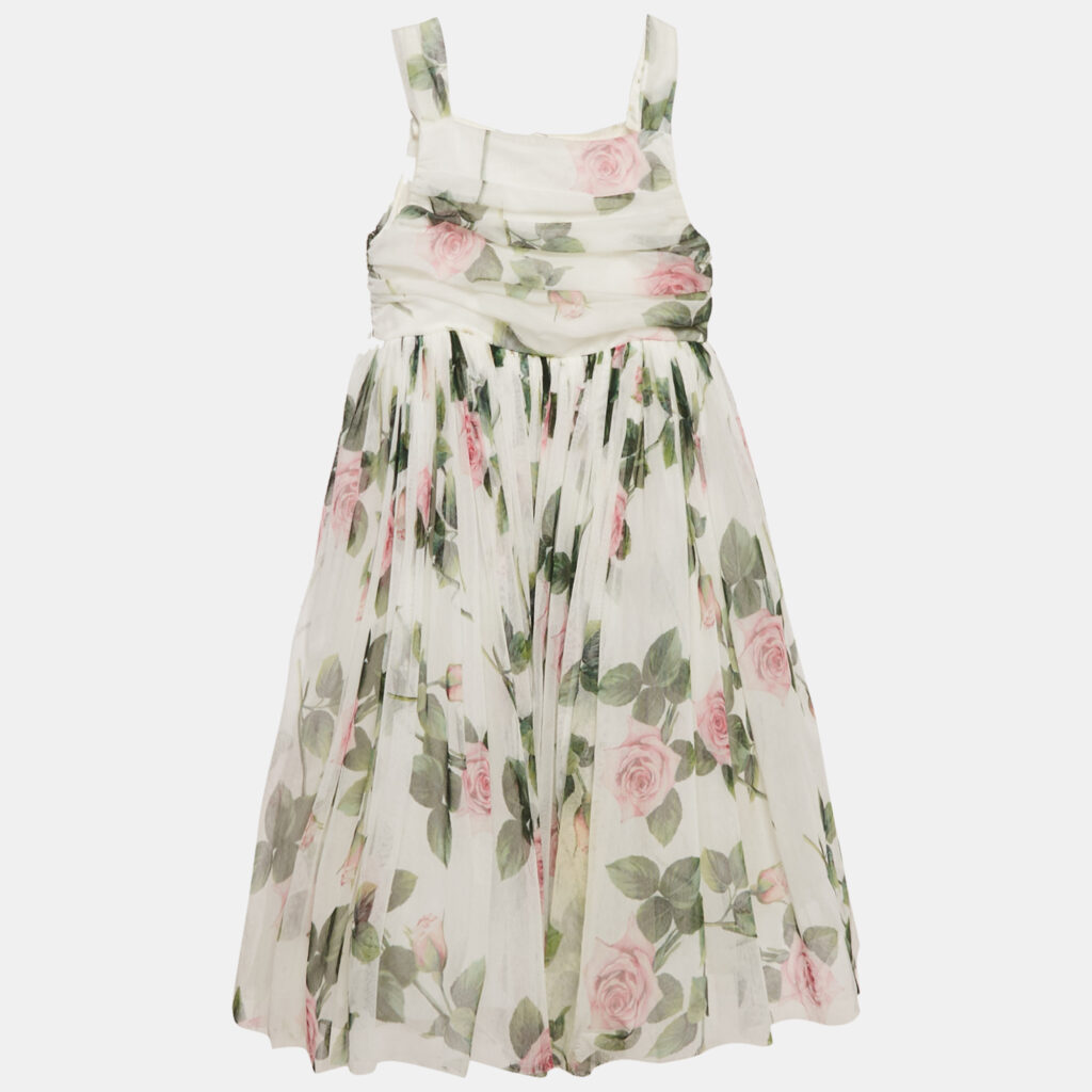 luxury-kids-dolcegabbana-used-girls-p1158359-010 Dolce & Gabbana Kids White Tropical Rose Print Tulle Midi Dress 11/12 Yrs