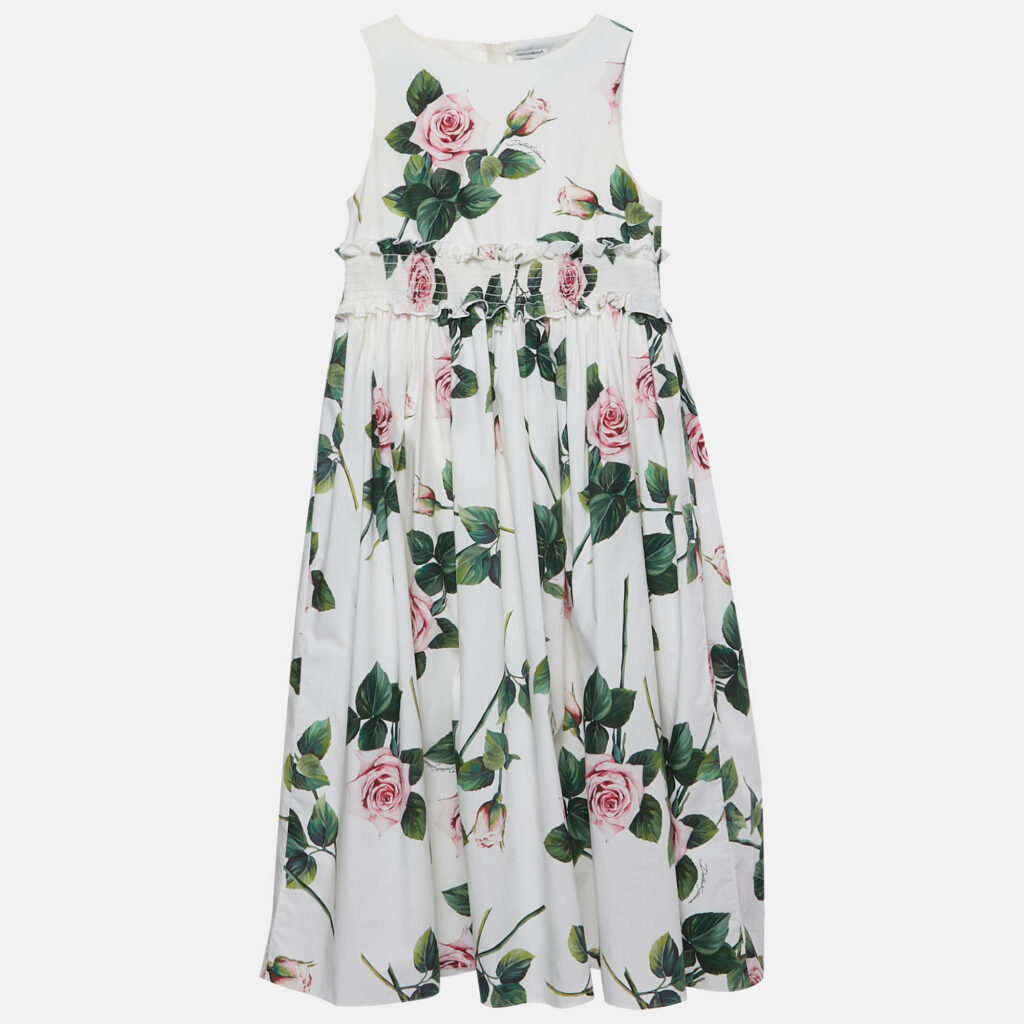 Dolce & Gabbana Kids White Floral Print Poplin Shirred Waist Midi Dress 11/12 Yrs