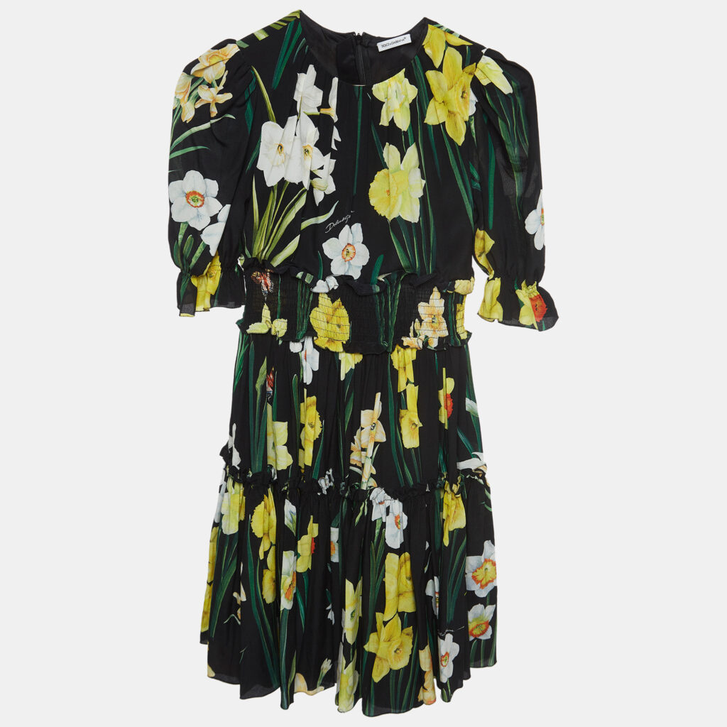 luxury-kids-dolcegabbana-used-girls-p922155-002 Dolce & Gabbana Black Floral Printed Silk Chiffon Dress (9-10 Yrs)