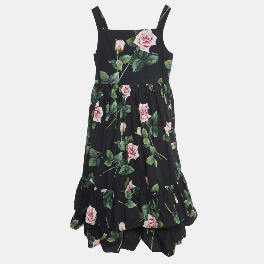luxury-kids-dolcegabbana-used-girls-p922244-006 Dolce & Gabbana Black Rose Print Cotton Poplin Dress (11-12 Yrs)