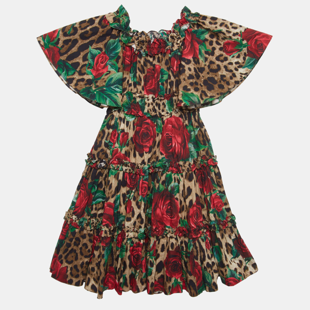 luxury-kids-dolcegabbana-used-girls-p922300-006 Dolce & Gabbana Brown Rose Leopard Print Cotton Poplin Dress (6 Yrs)