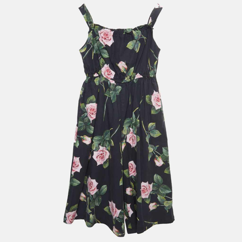 luxury-kids-dolcegabbana-used-girls-p922305-001 Dolce & Gabbana Black Rose Print Cotton Poplin Jumpsuit (11-12 Yrs)
