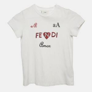 Fendi Kids White Logo Print Cotton Crew Neck T-Shirt 7 Yrs