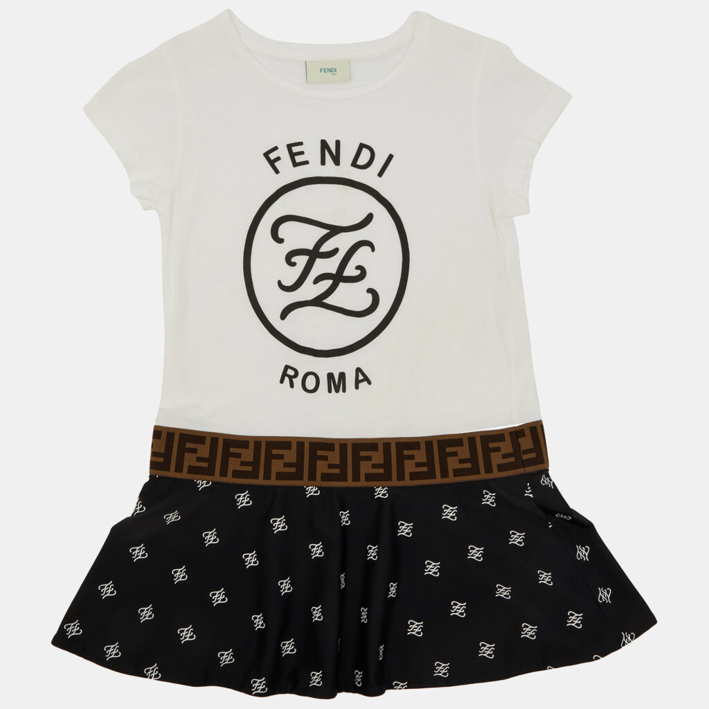 luxury-kids-fendi-used-girls-p1152663-002 Fendi White FF Logo Cotton Flounced Dress Size 6 Yrs