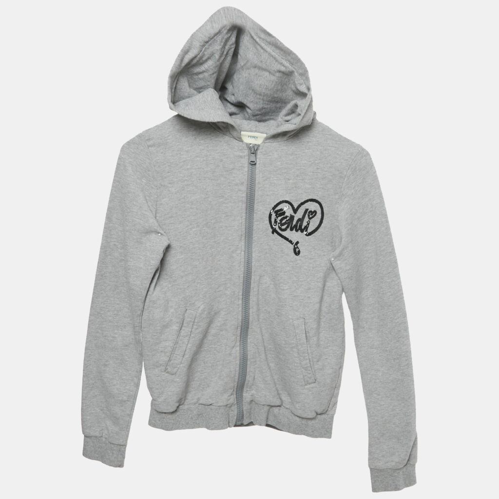 luxury-kids-fendi-used-girls-p1169965-001 Fendi Kids Grey Sequins Detail Hooded Zip Front Jacket 10 Yrs