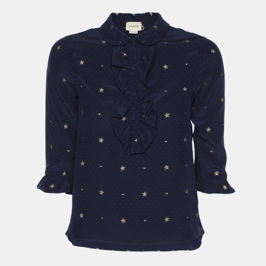 luxury-kids-gucci-new-girls-p1151842-001 Gucci Navy Blue Silk Star Embroidered Ruffled Blouse 10Y