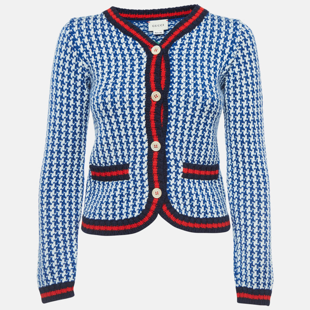 luxury-kids-gucci-used-girls-p921884-006 Gucci Blue/White Patterned Wool Buttoned Cardigan (10 Yrs)