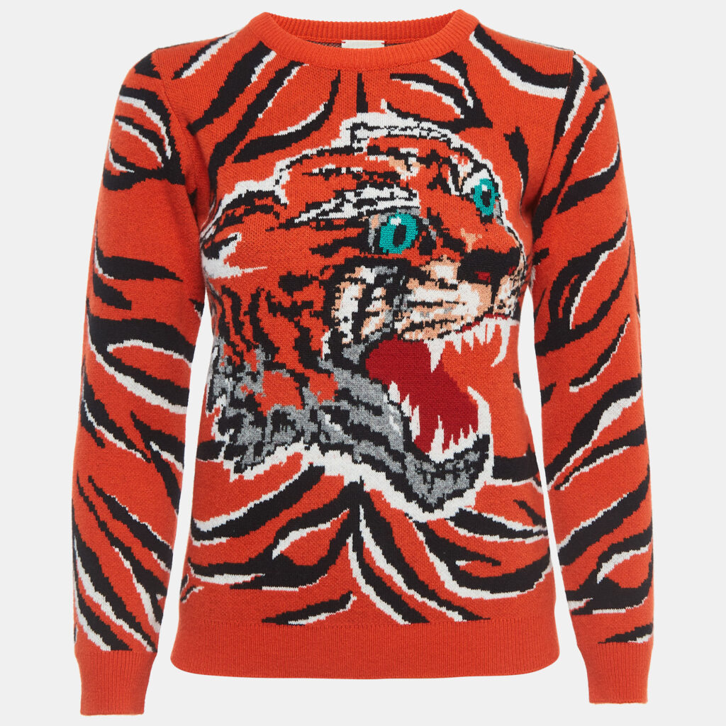 luxury-kids-gucci-used-girls-p921995-005 Gucci Orange Tiger Intarsia Wool Sweater (10 Yrs)