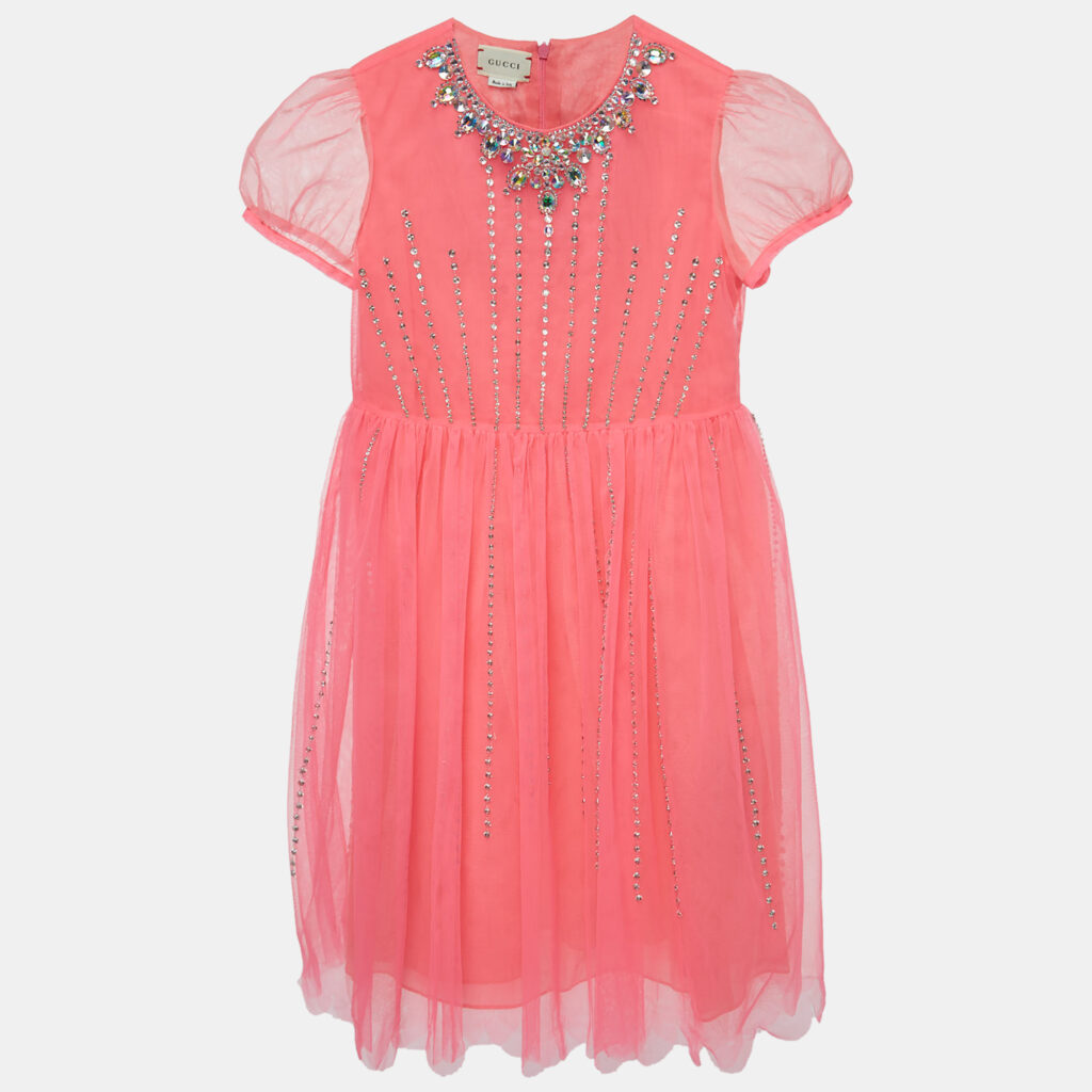 luxury-kids-gucci-used-girls-p922159-007 Gucci Neon Pink Crystal Embellished Tulle Tiger Dress (10 Yrs)