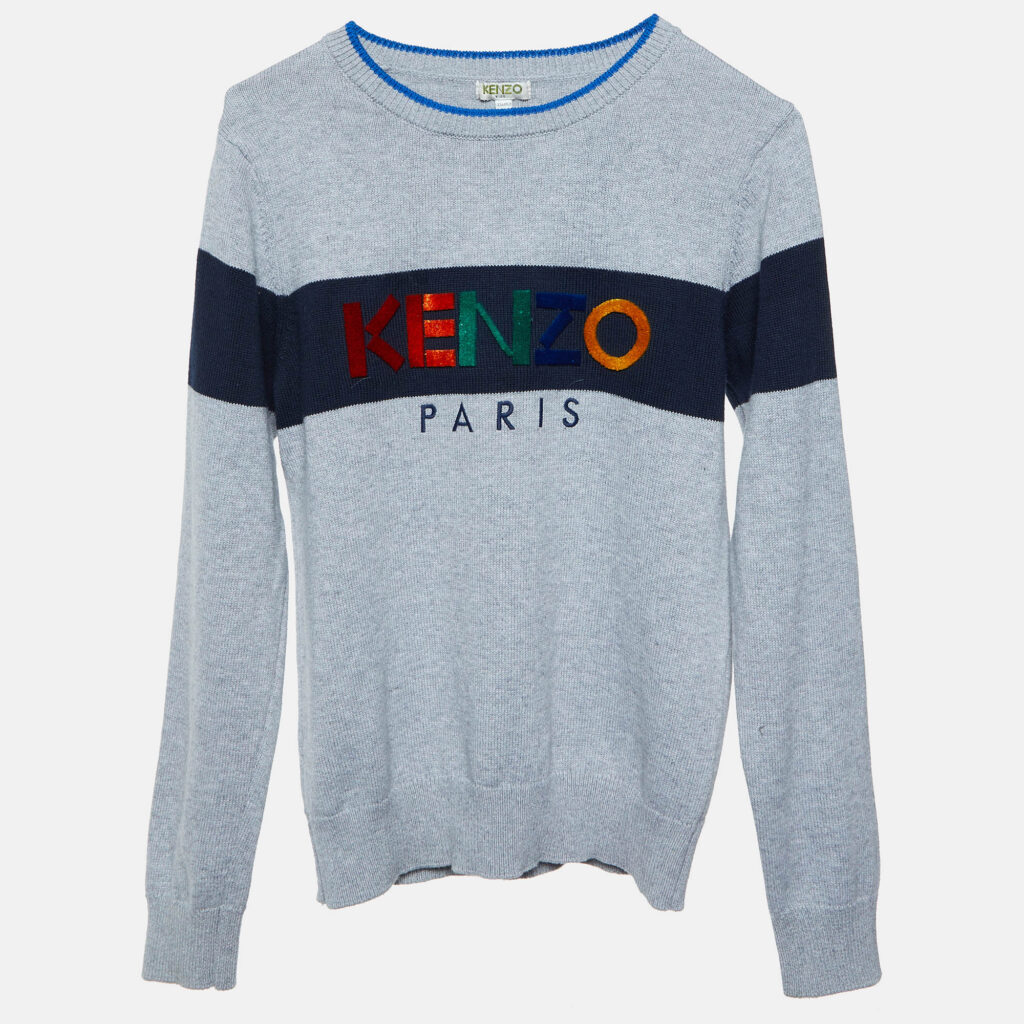Kenzo Grey Logo Embroidered Cotton Full Sleeve Sweater 12 Yrs