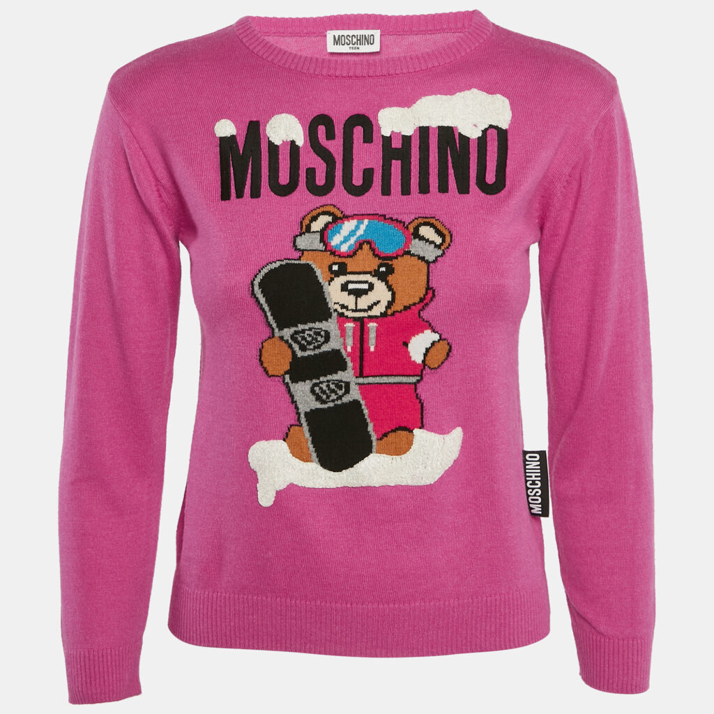 luxury-kids-moschino-used-girls-p1145387-004 Moschino Teen Pink Bear Pattern Cotton Knit Sweater 10 Yrs