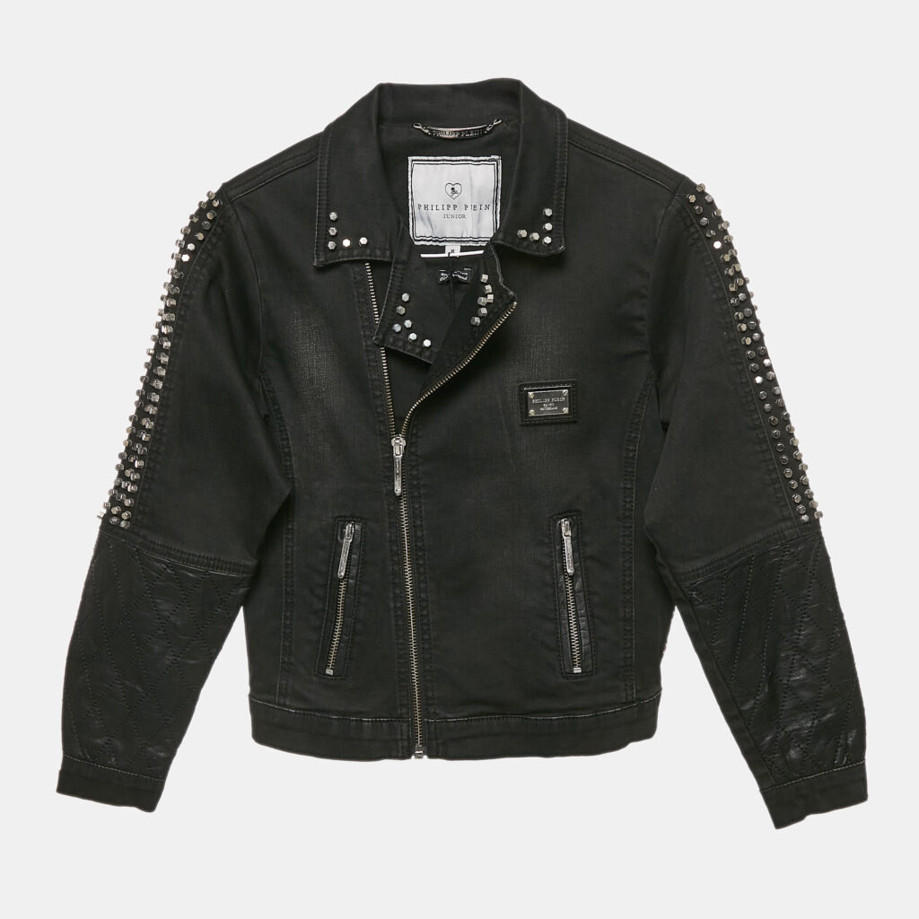 Philipp Plein Junior Black Studded Faux Leather Denim Jacket 8 Yrs