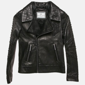 Philipp Plein Junior Black Textured Leather Black Stud Detail Biker Jacket 8 Yrs