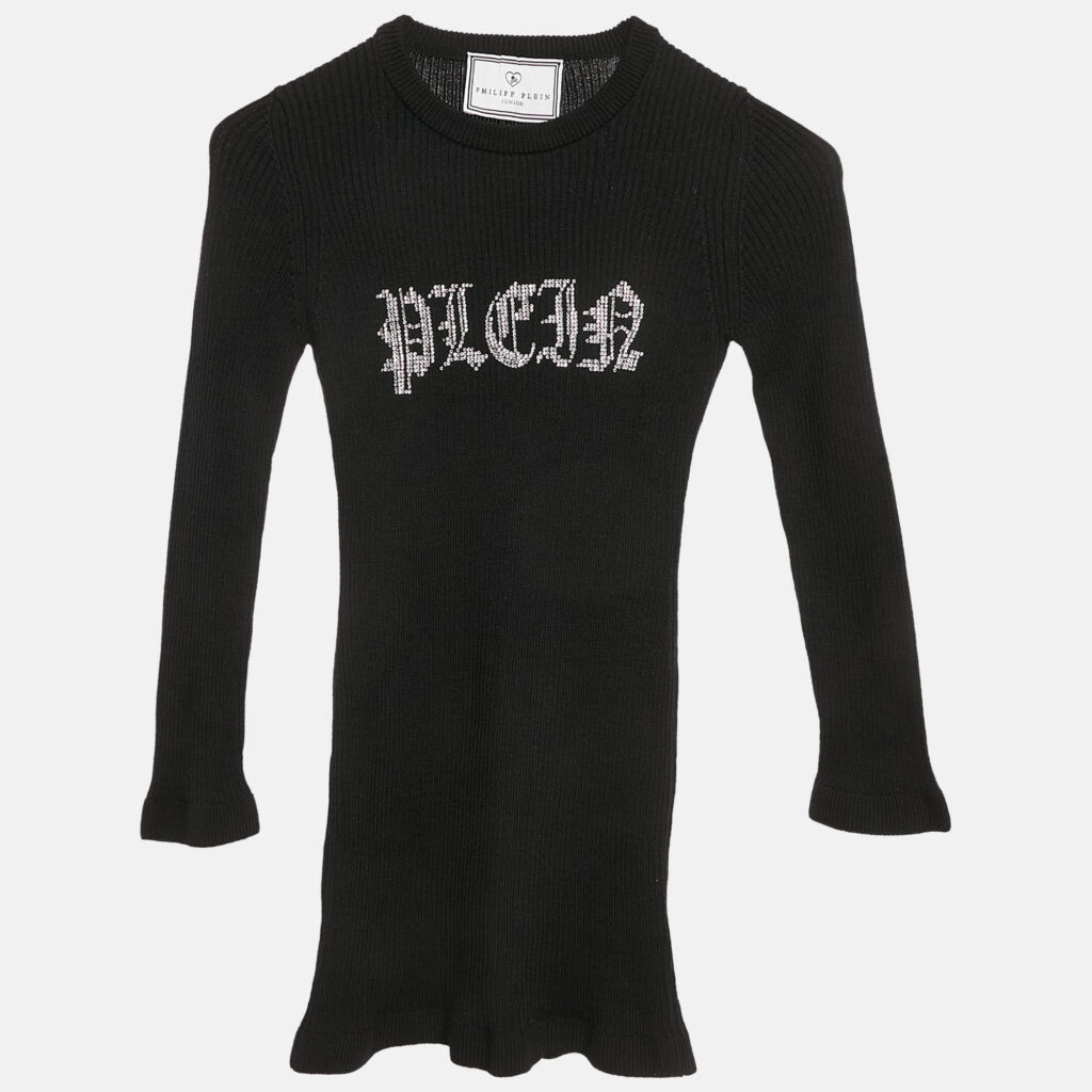 luxury-kids-philipp-plein-new-girls-p1108301-006 Philipp Plein Junior Black Crystal Embellished Rib Knit Day Dress 8 Yrs