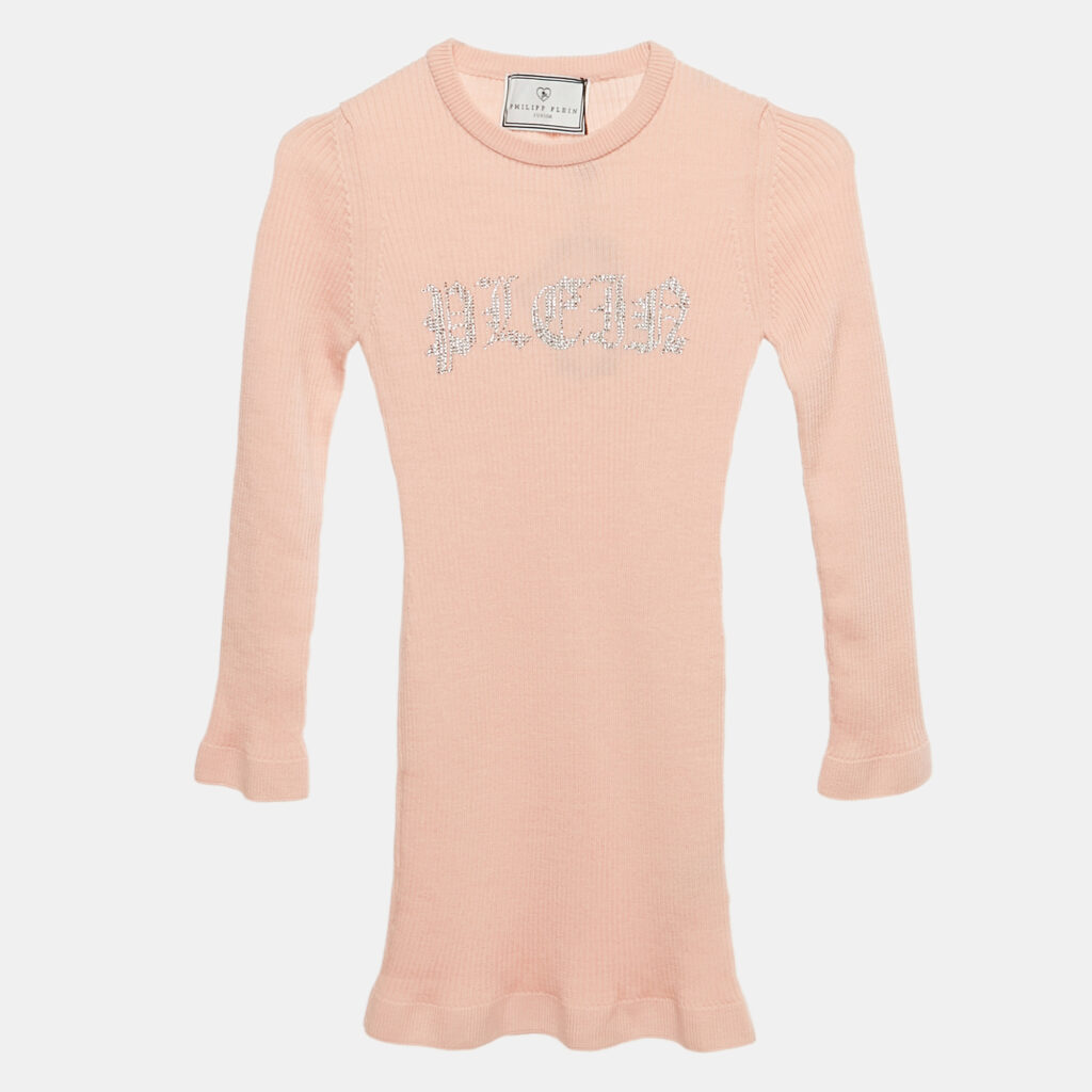 luxury-kids-philipp-plein-new-girls-p1108303-001 Philipp Plein Junior Pink Crystal Embellished Rib Knit Day Dress 8 Yrs