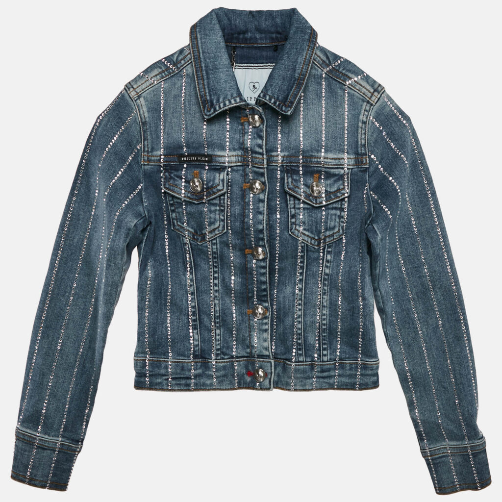 Philipp Plein Junior Blue Studded Denim Button Front Shelly Jacket 6 Yrs