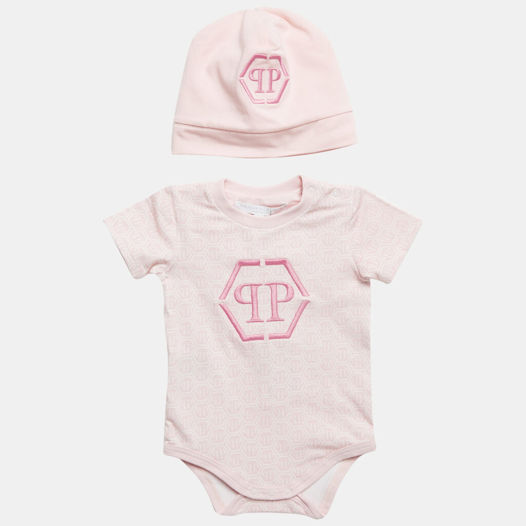 luxury-kids-philipp-plein-new-girls-p1138838-004 Philipp Plein Pink Printed Jersey Romper and Cap Set 6-9M