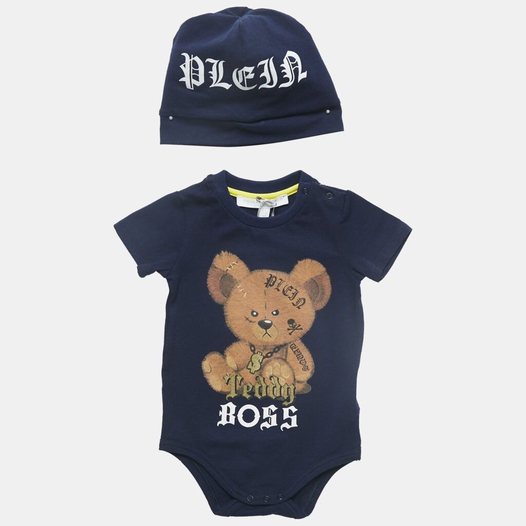 luxury-kids-philipp-plein-new-girls-p1138862-001 Philipp Plein Junior Navy Blue Teddy Print Cotton Romper Set 3-6M