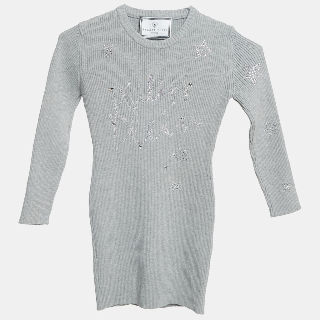 luxury-kids-philipp-plein-new-girls-p1138966-008 Philipp Plein Junior Grey Crystal Embellished Rib Knit Gaila Dress 6 Yrs