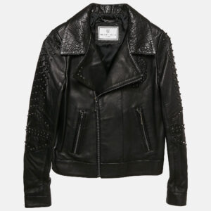 Philipp Plein Junior Black Textured Leather Stud Detail Zip-Up Jacket 12 Yrs