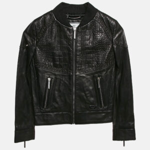 Philipp Plein Junior Black Crocodile Textured Leather Stud Detail Biker Jacket 8 Yrs