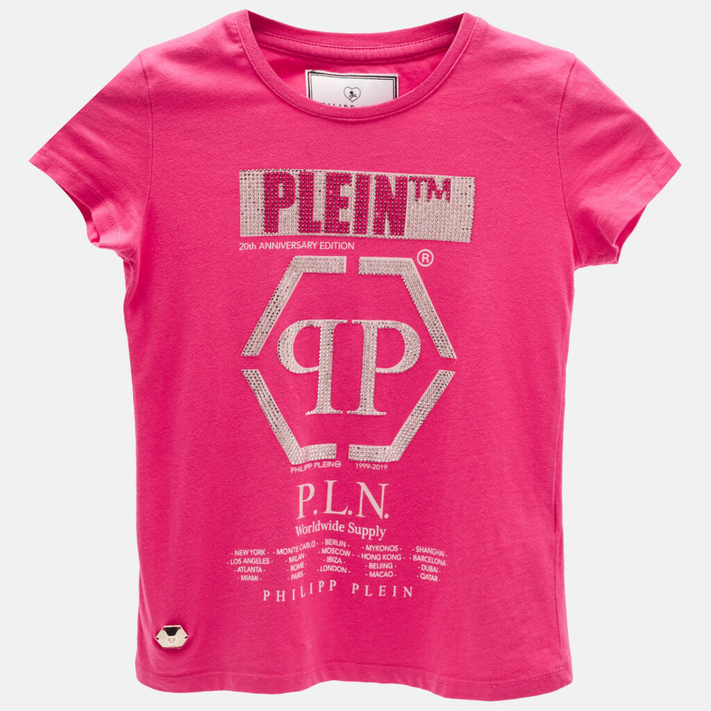 luxury-kids-philipp-plein-used-girls-p1139530-004 Philipp Plein Kids Pink Logo Studded Cotton T-Shirt 8 Yrs