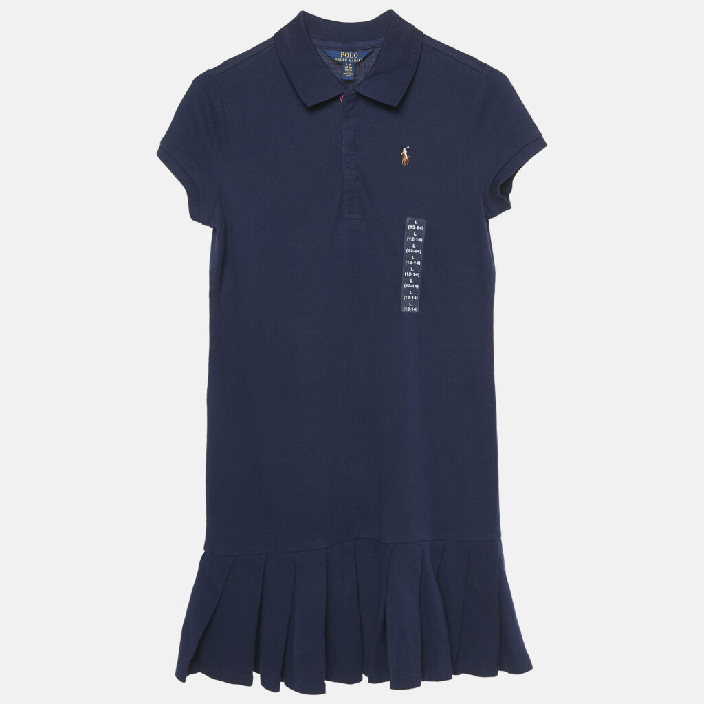Polo Ralph Lauren Kids Blue Cotton Pique Pleated Polo Dress 12/14 Yrs