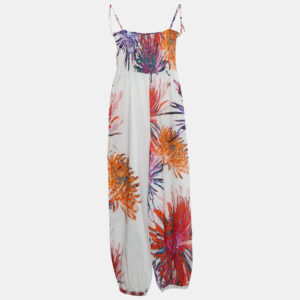 Roberto Cavalli Kids White/Orange Floral Print Cotton Shirring Jumpsuit 10 Yrs
