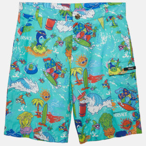 Versace Kids Mint Blue Printed Poplin Shorts 14 Yrs