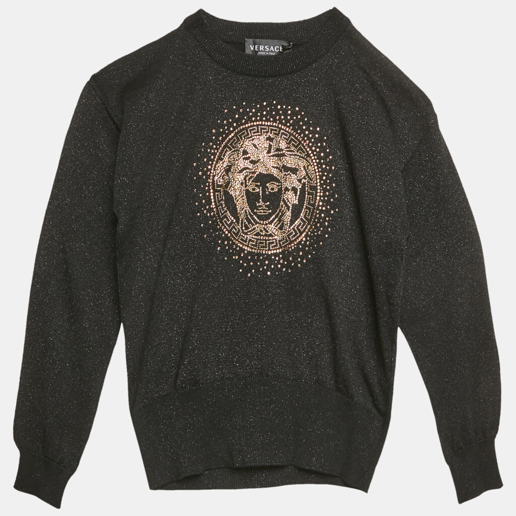 luxury-kids-versace-new-girls-p1129242-002 Versace Kids Black Lurex Knit Medusa Embellished Sweatshirt 8 Yrs