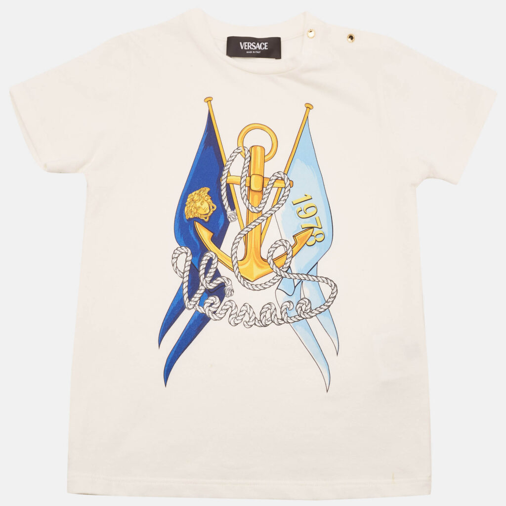 luxury-kids-versace-used-girls-p1139871-006 Versace Kids White L'Ancora Print Cotton Crew Neck T-Shirt 36 M