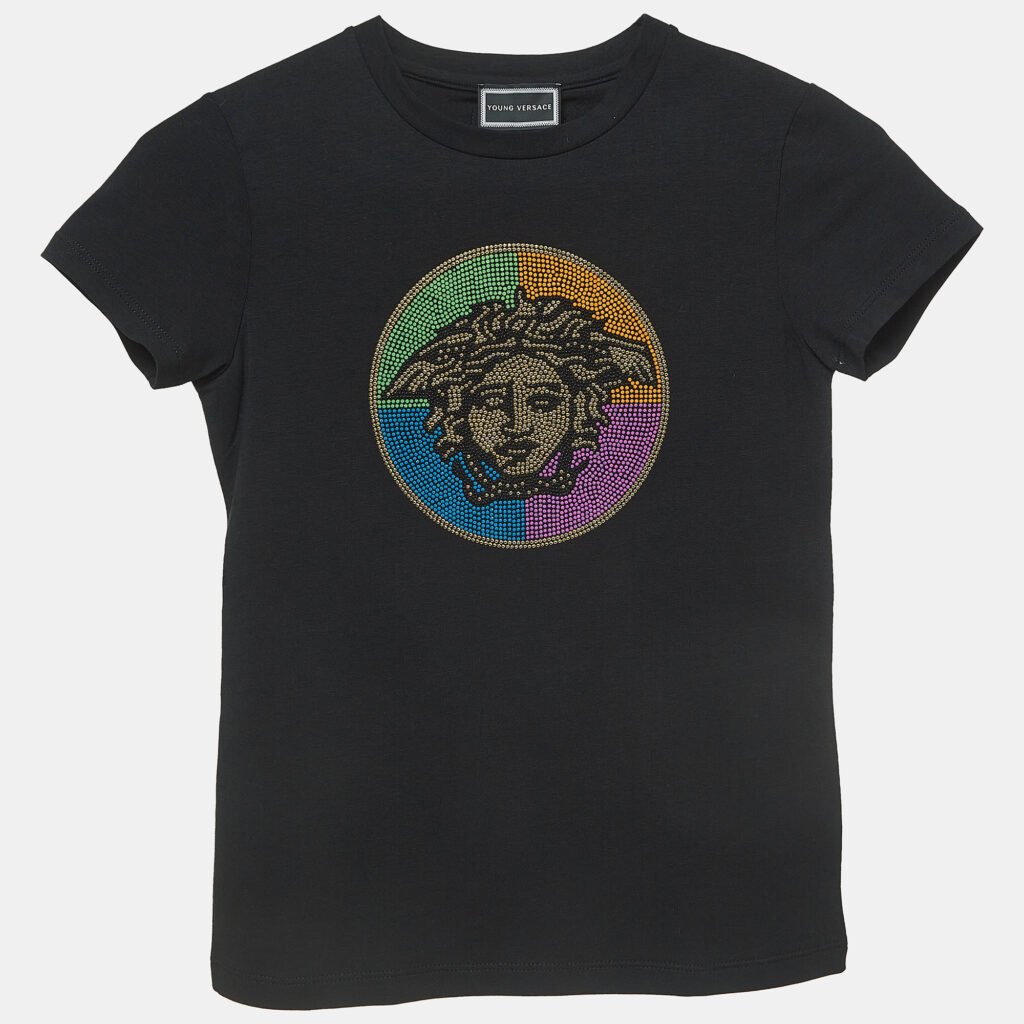 luxury-kids-versace-used-girls-p921761-006 Young Versace Black Medusa Embellished Cotton T-Shirt (10 Yrs)