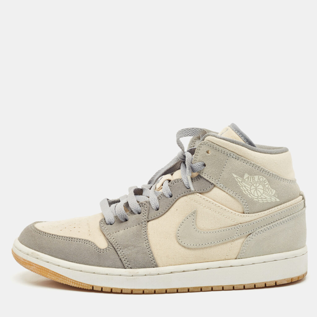 luxury-men-air-jordans-used-shoes-p1149475-004 Air Jordans Grey/Beige Suede and Canvas Jordan 1 Mid SE Coconut Milk Particle Grey Sneakers Size 42.5