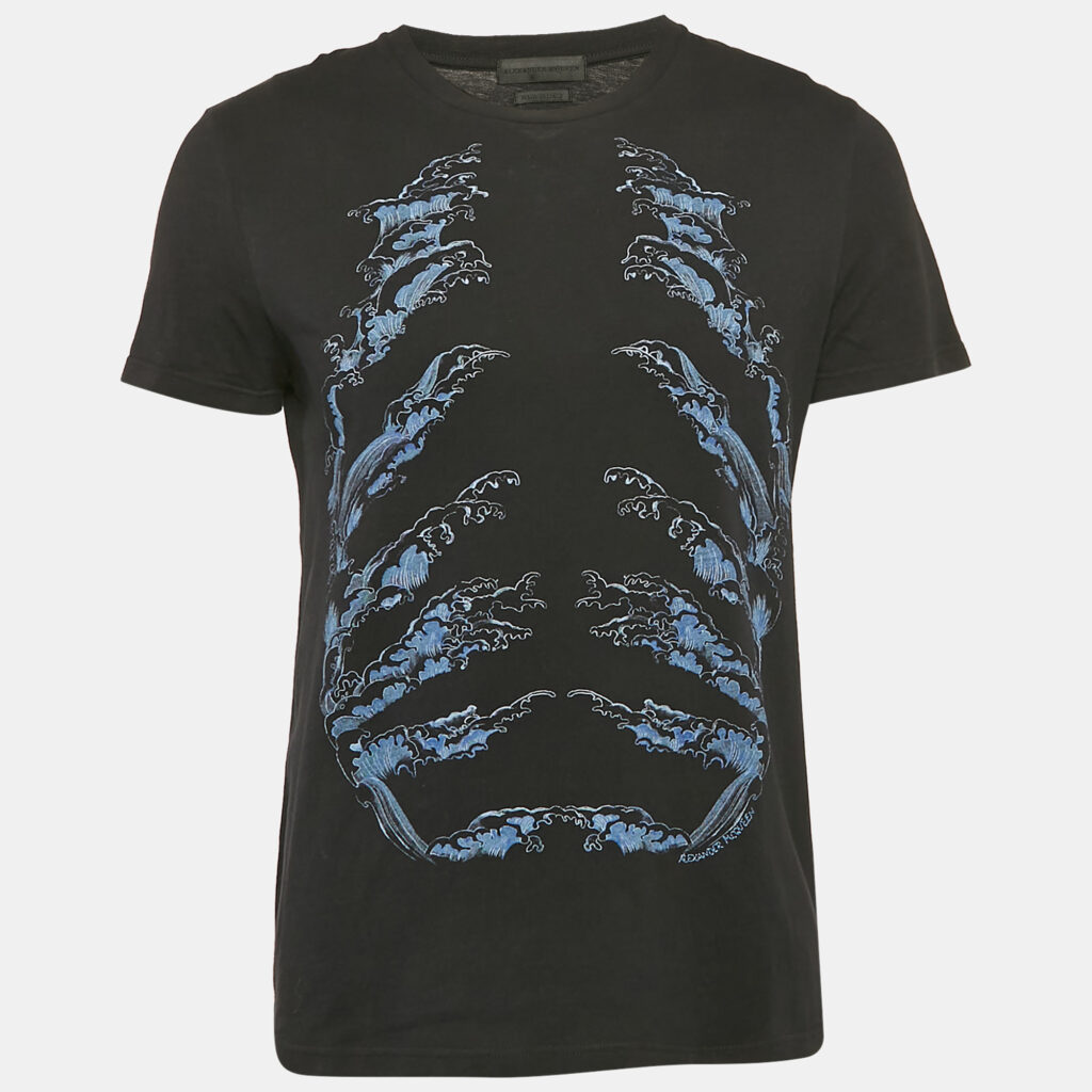 luxury-men-alexander-mcqueen-used-clothes-p1091663-002 Alexander McQueen Black Ribcage Wave Print Cotton T-Shirt M