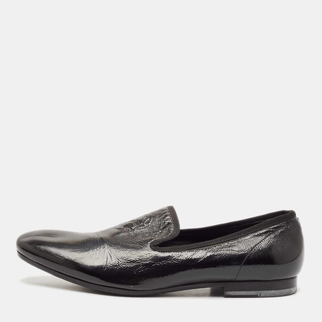 Alexander McQueen Black Patent Leather Skull Embossed Detail Smoking Slippers Size 44