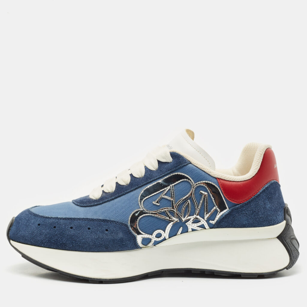 luxury-men-alexander-mcqueen-used-shoes-p1162168-007 Alexander McQueen Navy Blue/Red Fabric, Leather and Suede Sprint Runner Sneakers Size 40