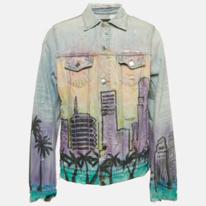 Amiri Blue Printed Denim Button Front Distressed Jacket XL