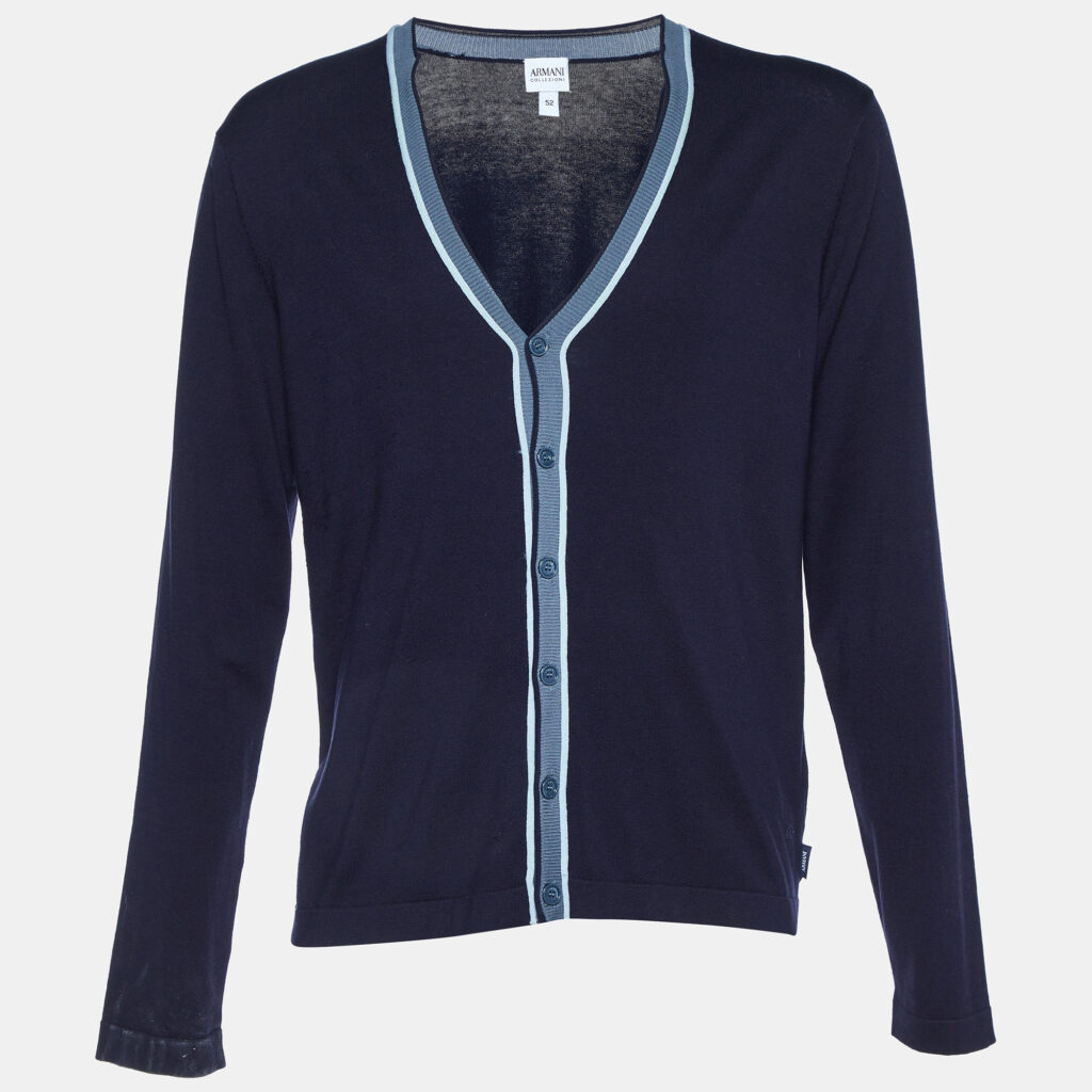 luxury-men-armani-collezioni-used-clothes-p1101393-005 Armani Collezioni Navy Blue Silk Knit Button Front Cardigan XL