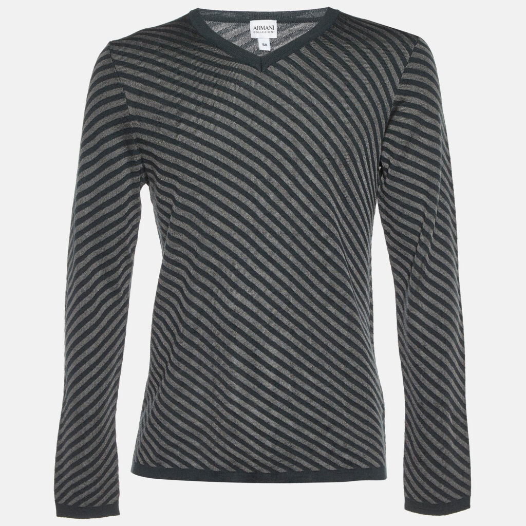 luxury-men-armani-collezioni-used-clothes-p1107185-001 Armani Collezioni Grey Diagonal Striped Wool V-Neck Jumper L