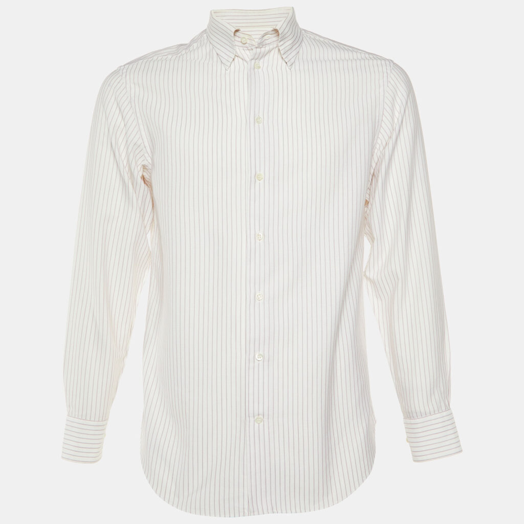 Armani Collezioni White Striped Cotton Long Sleeve Shirt M